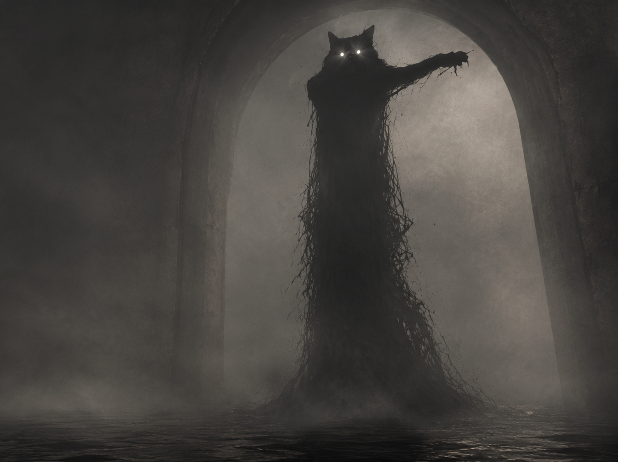 The black cat standing under a stone arch in fog