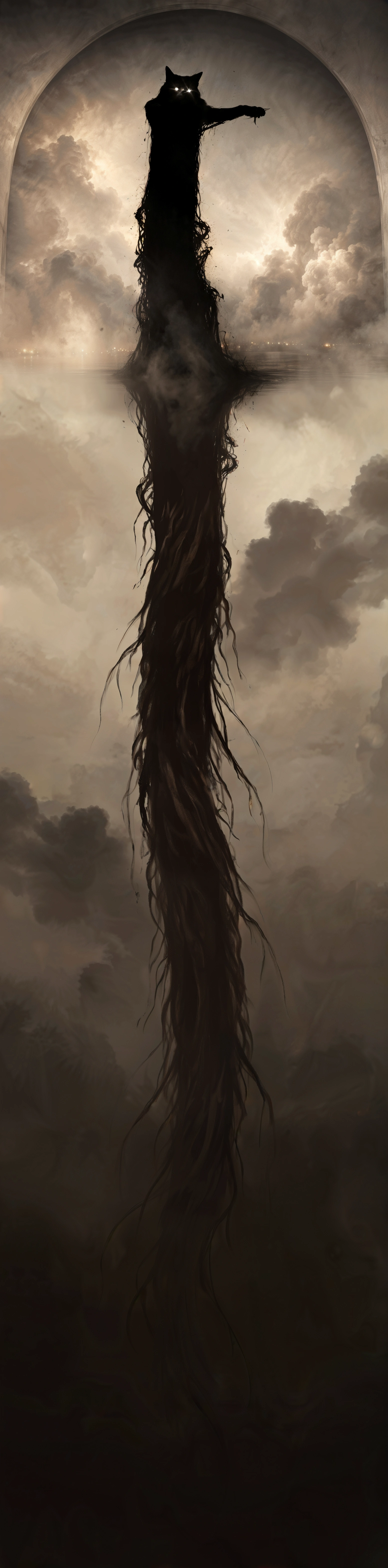 An enormous black cat under a stone arch, his body descending endlessly into darkness